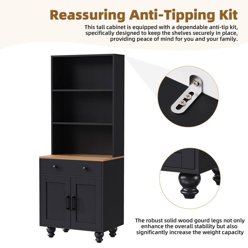 Storage Cabinet with 4 Gourd-Shaped Legs,Kitchen Pantry Cabinet with Adjustable Shelves,5 Tier Bookshelf with Drawer