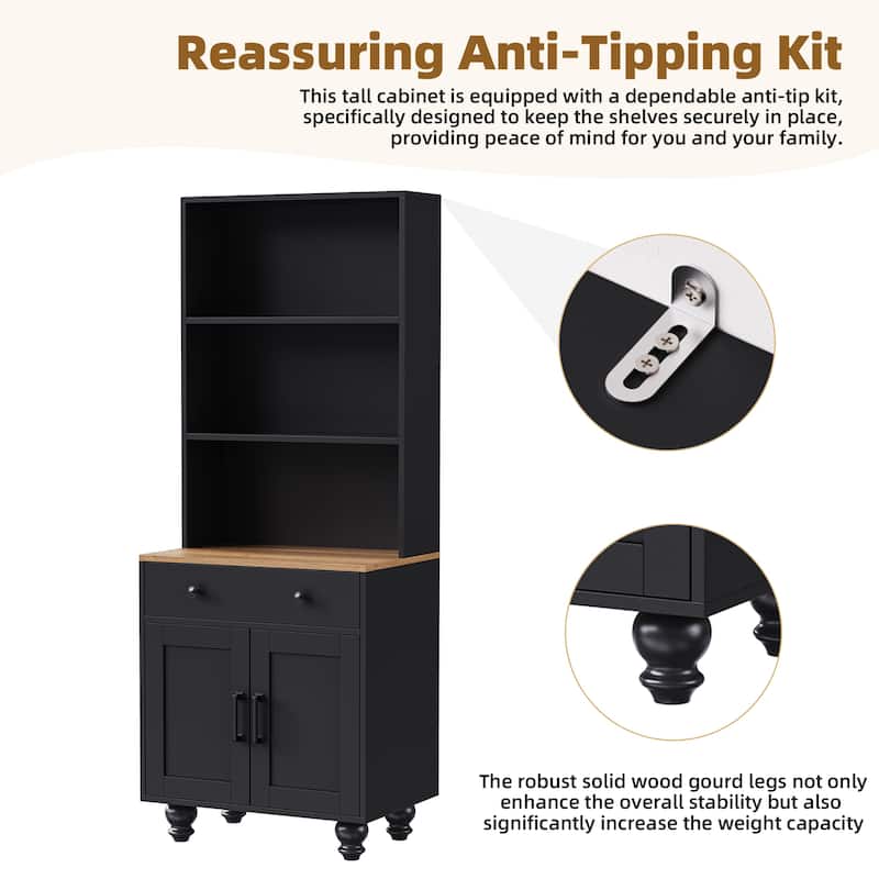 Storage Cabinet with 4 Solid Wood Gourd-Shaped Legs,Kitchen Pantry Cabinet with Adjustable Shelves,5 Tier Bookshelf with Drawer