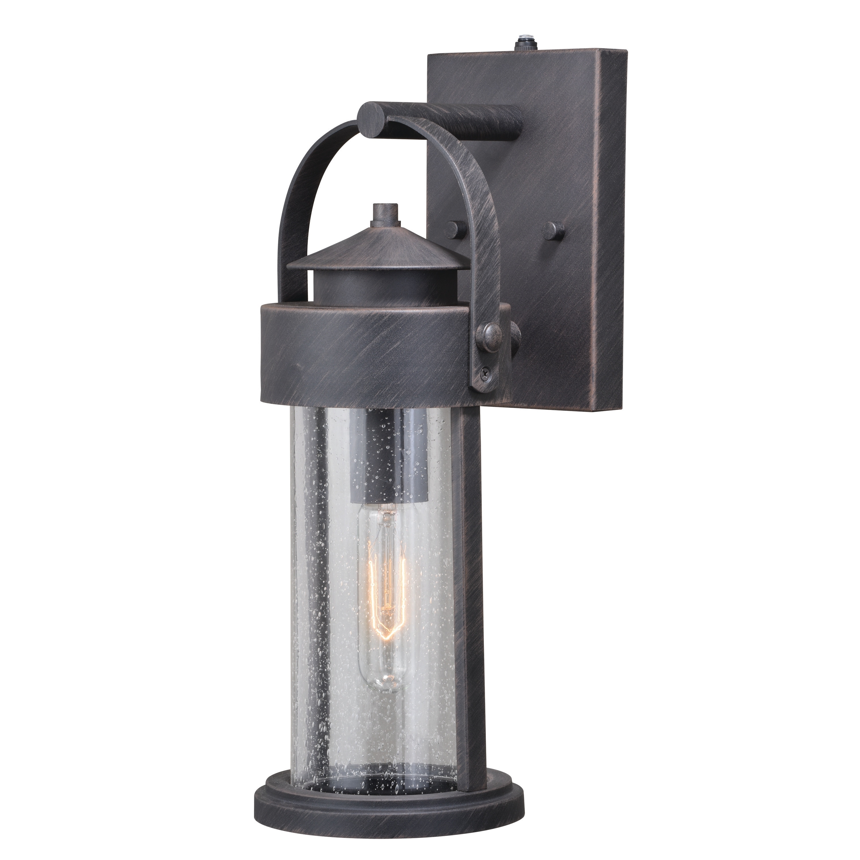 VAXCEL Cumberland 16.25 in. H 1-Light Rust Iron Dusk to Dawn Sensor Rustic Outdoor Wall Sconce, Steel, Clear Seeded Glass Shade