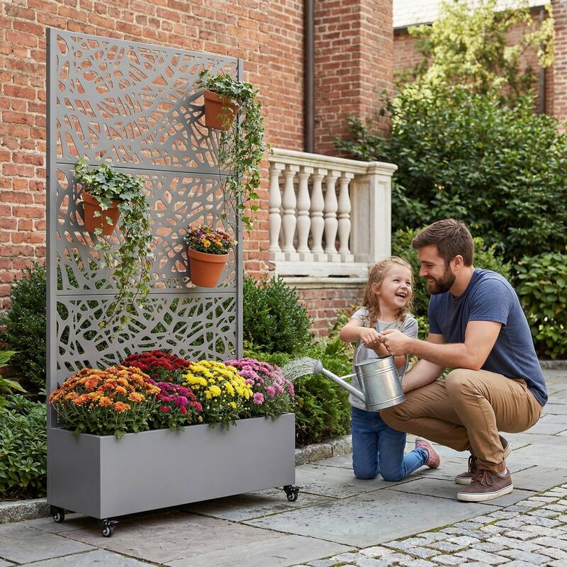 Metal Galvanized Planter Box with Trellis Privacy Screen Lockable Wheels