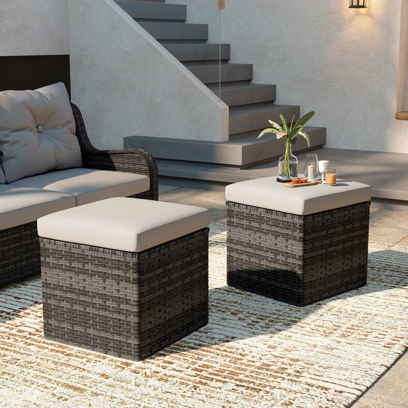 Outdoor Wicker Square Storage Ottoman with Plush Cushion(Set of 2) - GreyBrownBase-Khaki