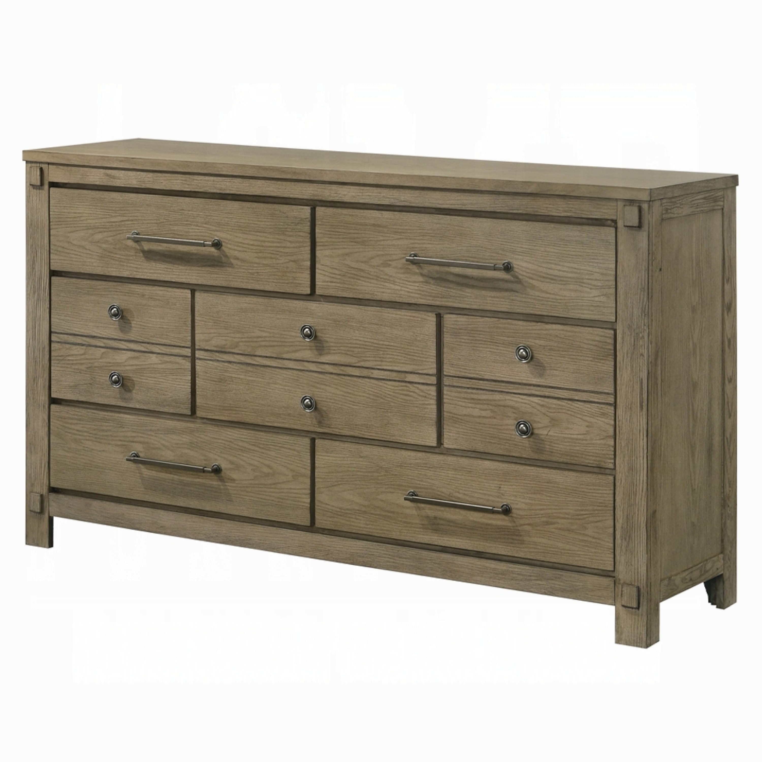 Cera Wide Dresser, 7 Drawers, Bronze Handles, Antique White Oak Tone Wood