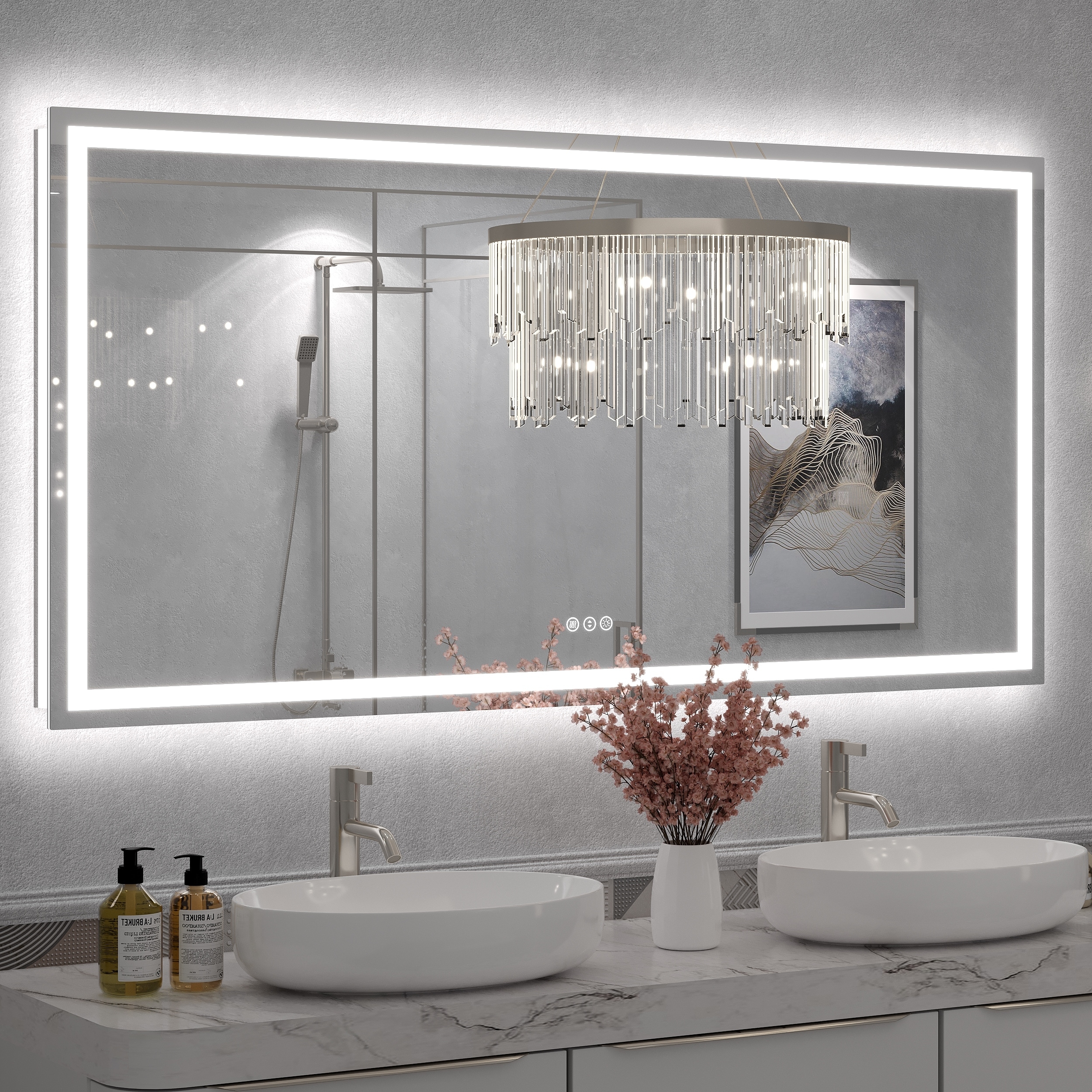 Large LED Bathroom mirror Tempered Glass Dimmable Anti-Fog Vanity Mirror