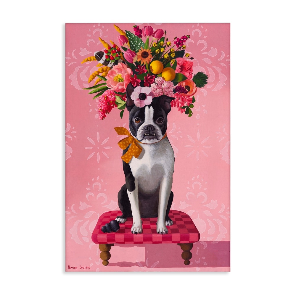 Stupell Bulldog & Pink Bouquet Canvas Wall Art Design By Heather Gauthier