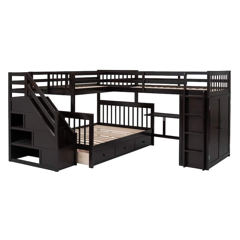 Merax Twin-Twin over Full L-Shaped Bunk Bed With 3 Drawers, Portable Desk and Wardrobe