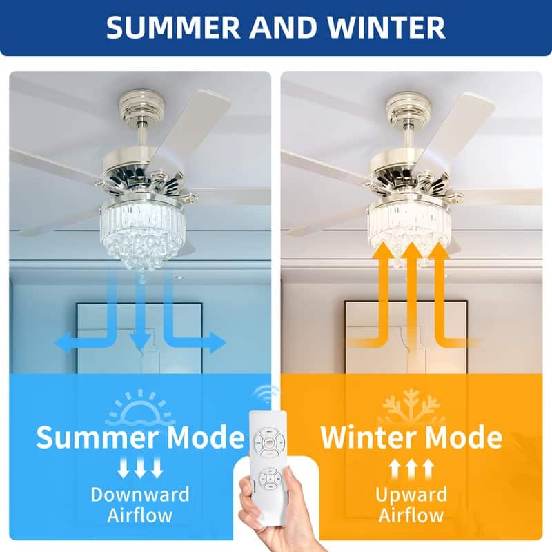 52-inch Wooden 5-Blade Crystal Ceiling Fan Chandelier with Remote