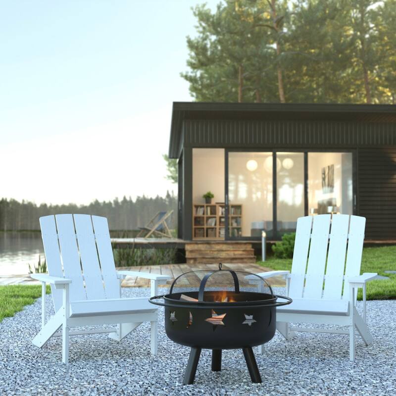 Star and Moon Fire Pit with Mesh Cover & 2 Poly Resin Adirondack Chairs - White