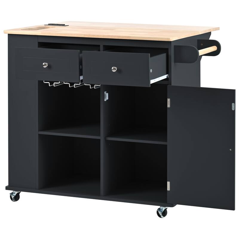 39.80'' Rubber wood Kitchen Island with Power Outlet, Drop Leaf, Adjustable Shelf and 2 Drawers - 39.8'' x 29.33'' x 33.7''