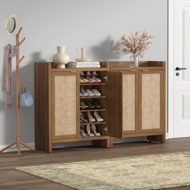SICOTAS Rattan Shoe Cabinet for Entryway, 6-Tier Shoe Rack with Doors and Adjustable Shelves - 2 Pieces