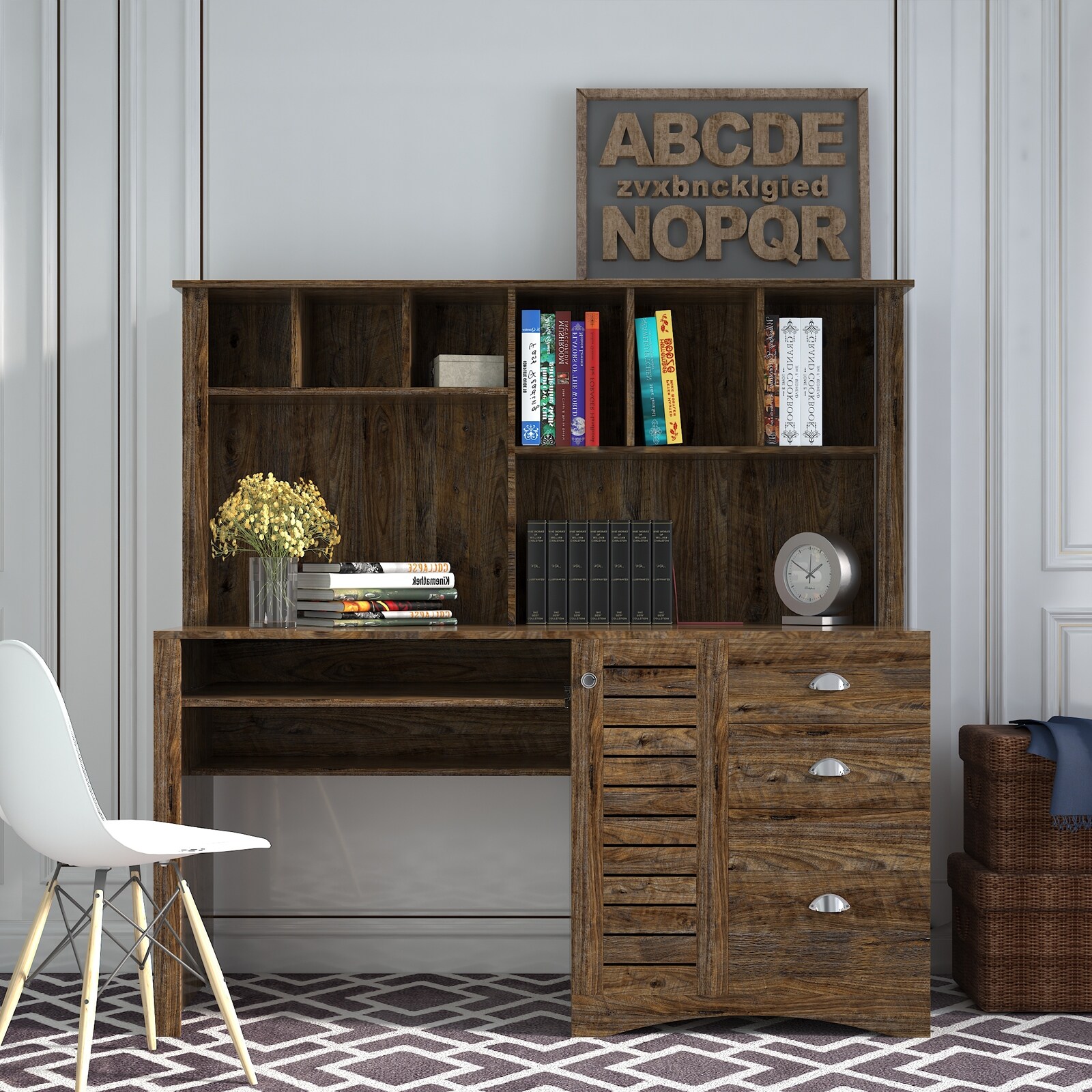 Desk with keyboard outlet tray and hutch