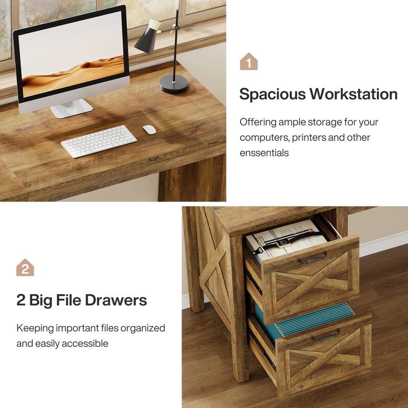 55-Inch Computer Desk with 2 Drawers, Home Office Desk with Heavy Duty Legs, Rustic Brown