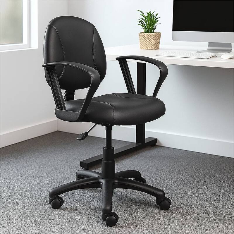 Wen Swivel Posture Chair, Loop Arms, Black Faux Leather Waterfall Seat