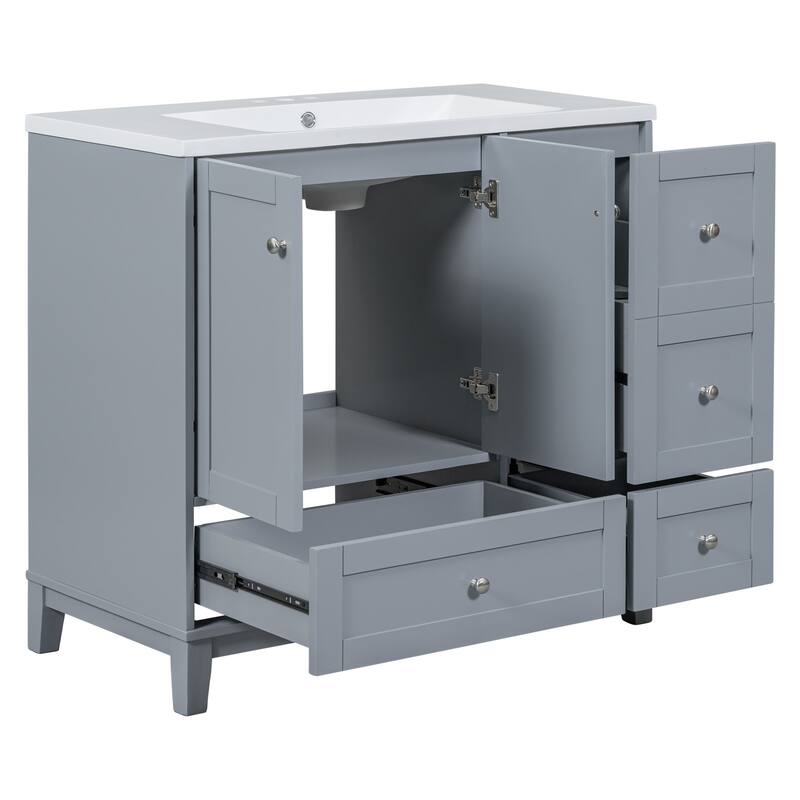 36" Modern Bathroom Vanity with USB Charging, 2Doors and 3Drawers Storage Vanity Cabinet, single sink, Faucets Not Included