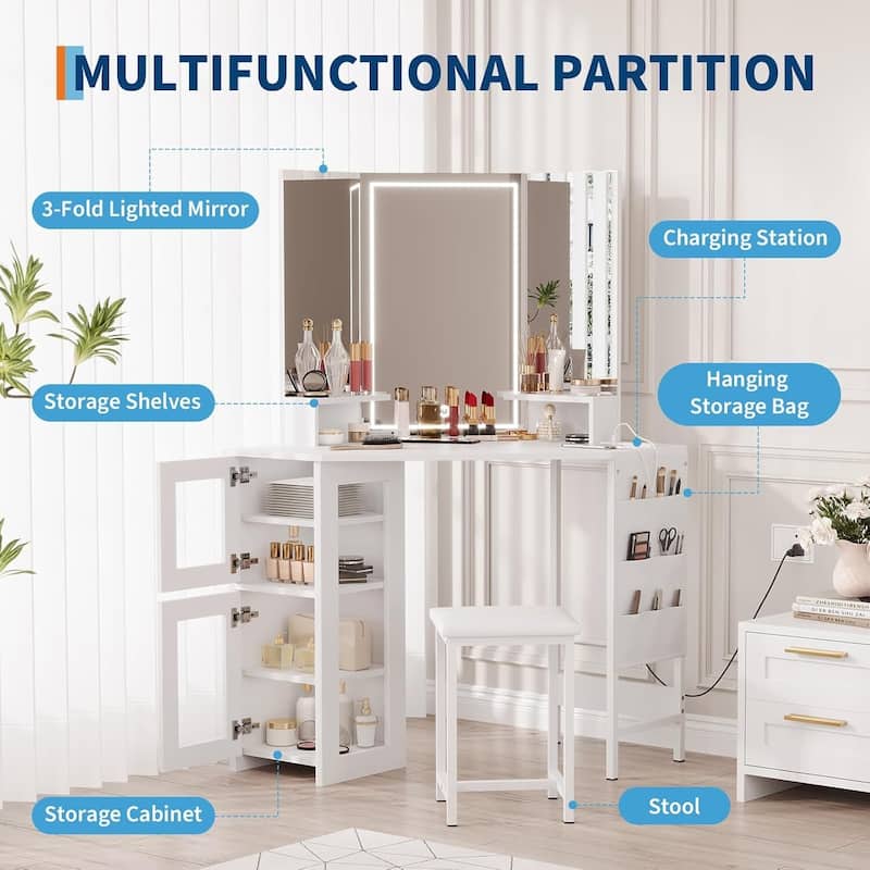 Corner Vanity Desk and Stool, Makeup Dressing Table Set with Light Mirror