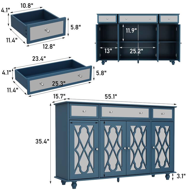 Timechee 55.1'' Accent Storage Cabinet Mirror Sideboard Buffet Cabinet
