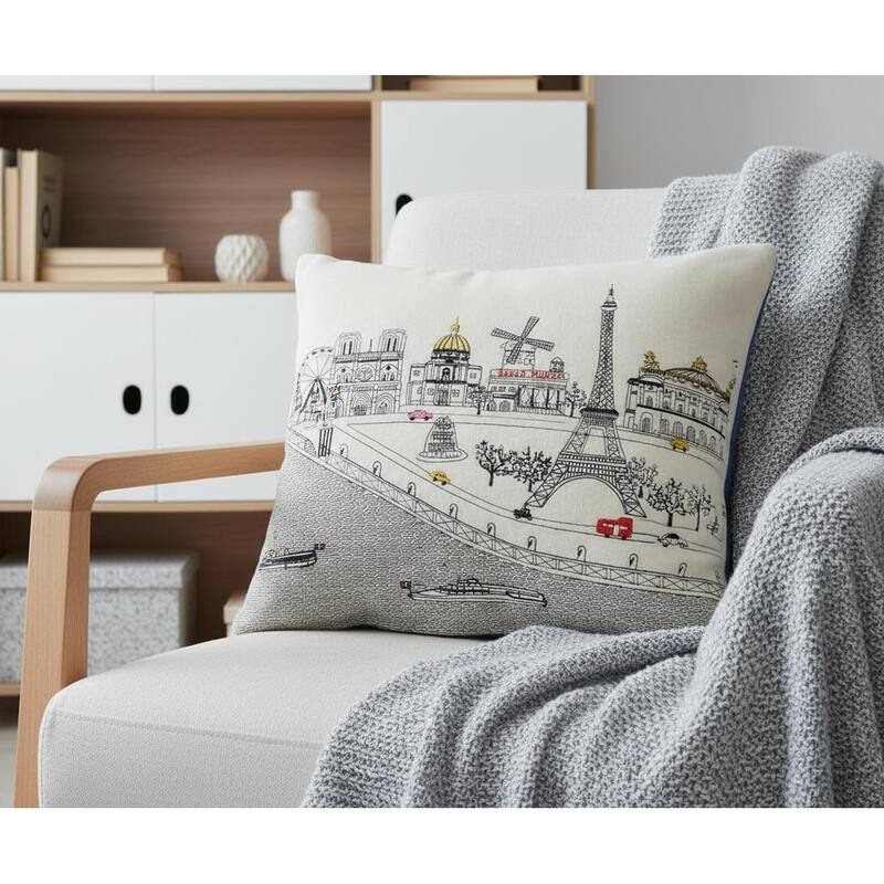 HomeRoots 14" X 24" Cream Paris Daylight Skyline Lumbar Decorative Pillow