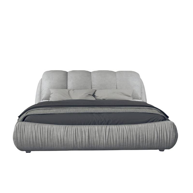 Queen/King Size Upholstered Platform Bed with Oversized Padded Backrest, Low Profile Bed Frame Floor Bed with Thickening Slats