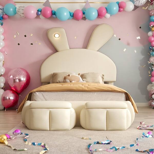 slide 2 of 22, Velvet Upholstered Twin Platform Bed with Cartoon Ears Shaped Headboard and Light Design Beige