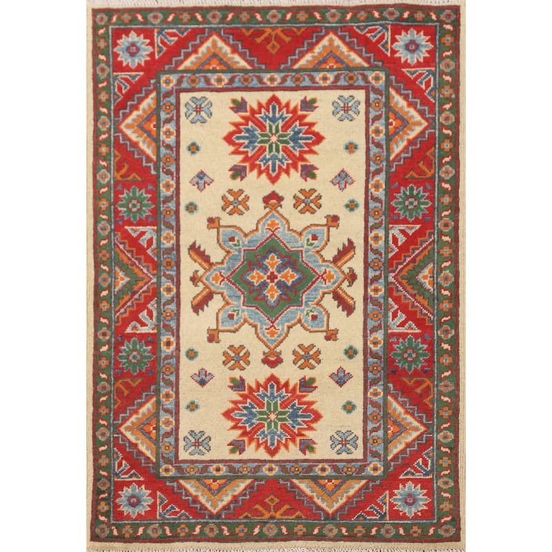 Geometric Kazak Accent Rug Handmade Traditional Wool Carpet - 2'9" x 3'11"