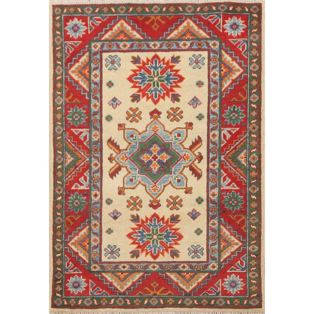 Geometric Kazak Accent Rug Handmade Traditional Wool Carpet - 2'9" x 3'11"