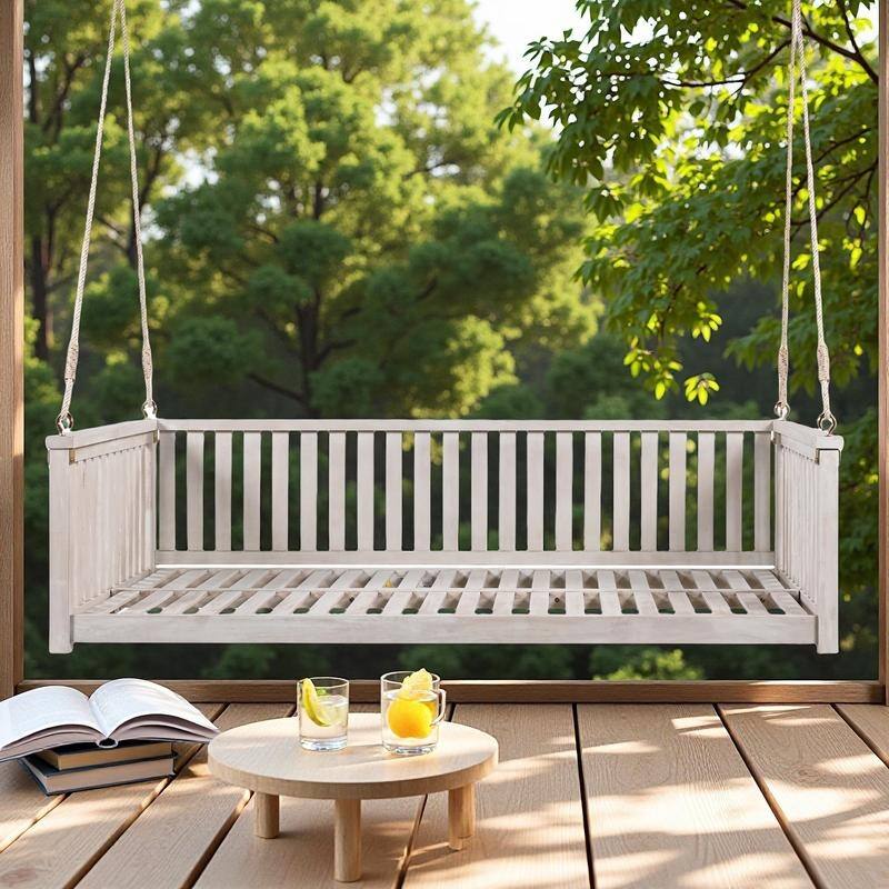 Acacia Wood Twin-Size Porch Swings Bed with 350lb Capacity, Includes Hemp Ropes and Sloped Safety Design - White