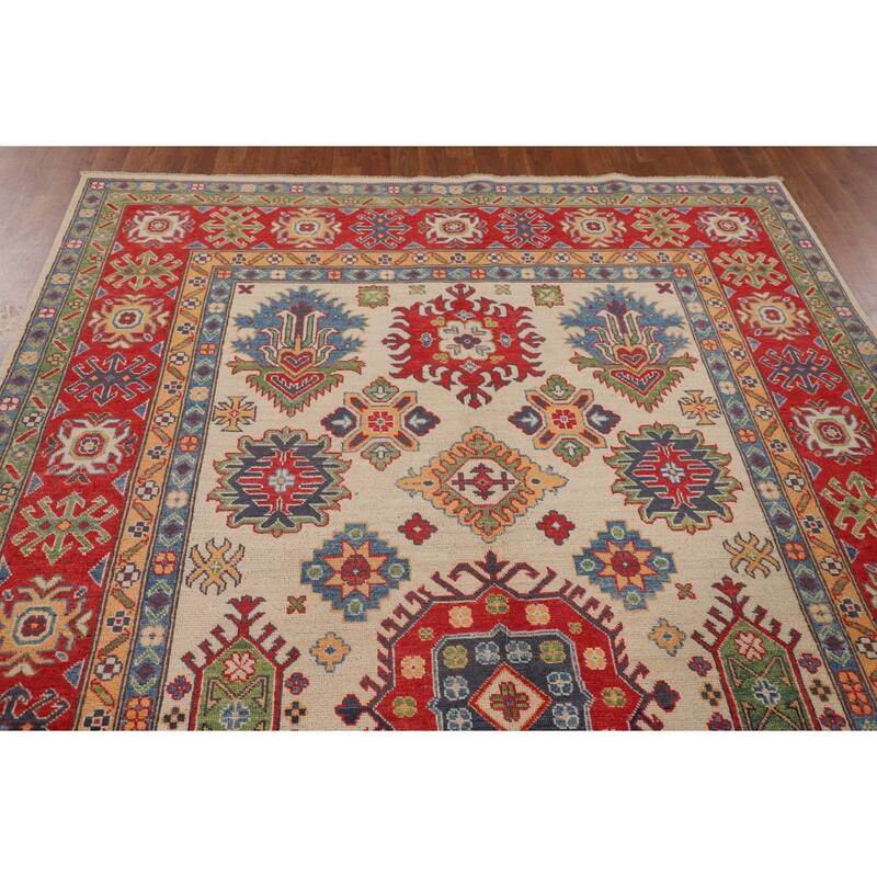 Geometric Kazak Area Rug Hand-Knotted Beige / Ivory Wool Carpet - 6'5" x 9'8"