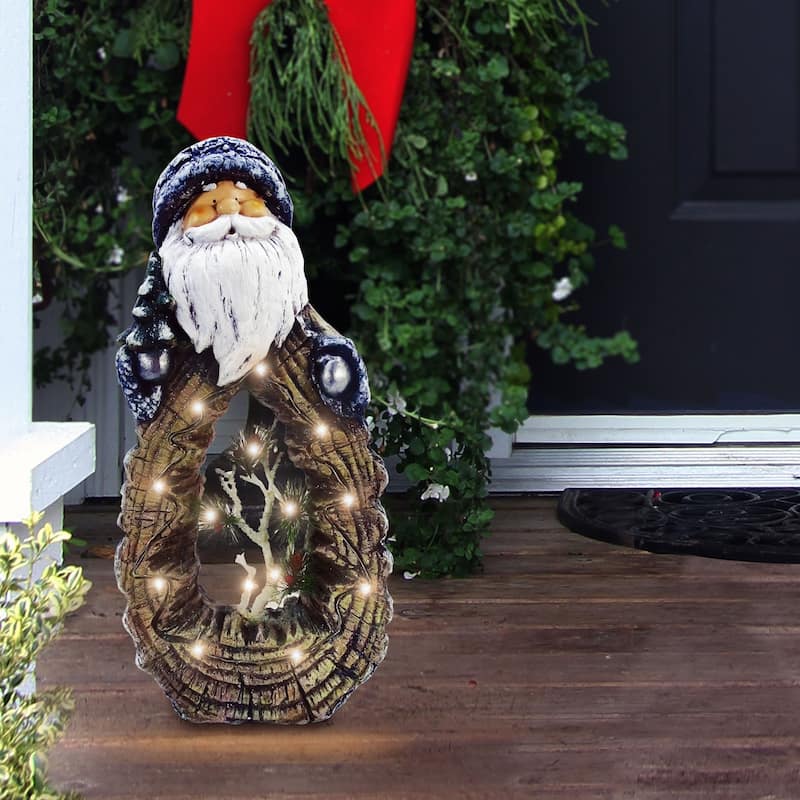 Alpine Corporation 21"H Indoor/Outdoor Christmas Statue with Carved Wood Look and LED Lights - Santa