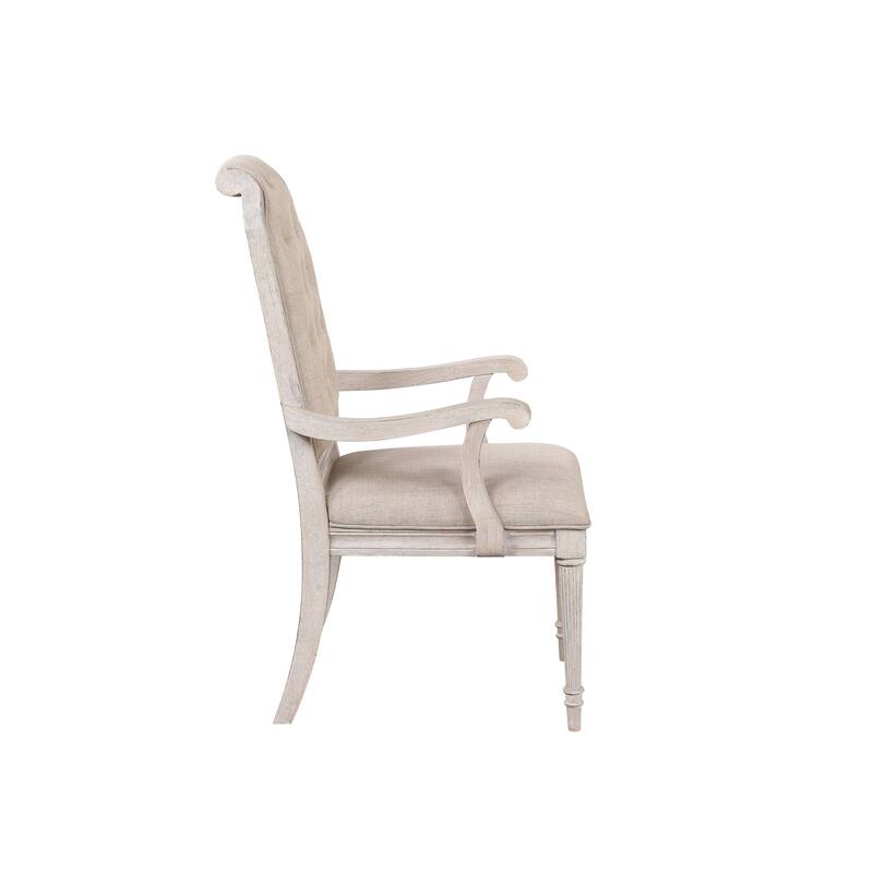 HomeRoots Set of Two Tufted Antiqued White and Champagne Upholstered Fabric And Solid Wood Dining Arm Chairs