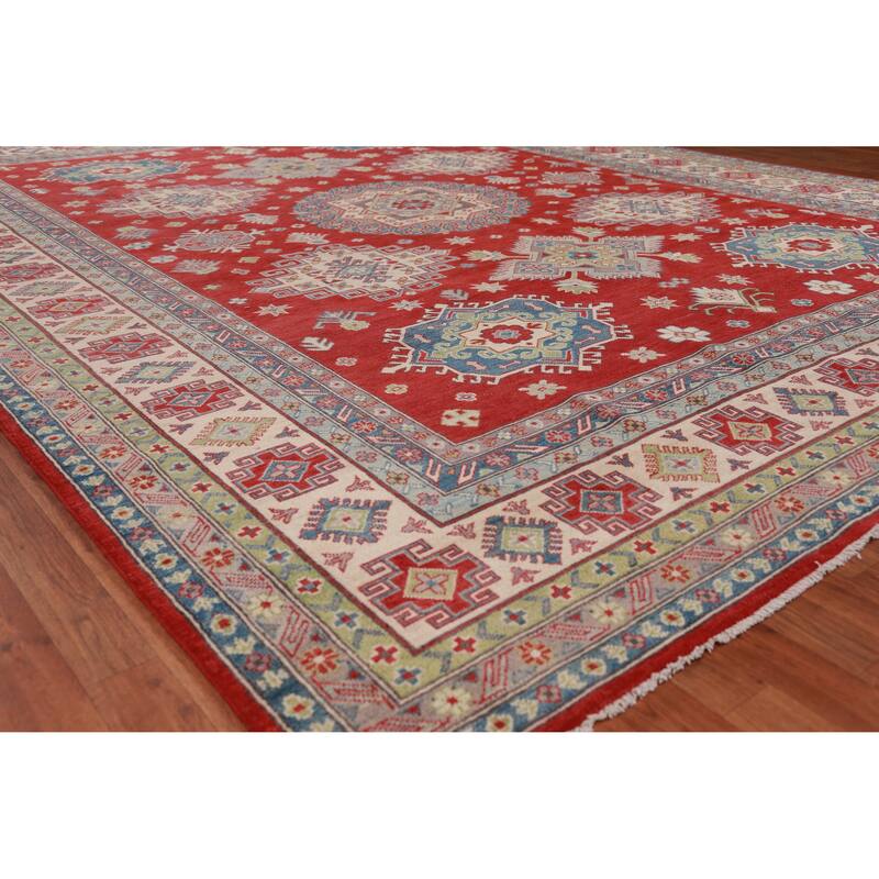 Hand Knotted Oriental 100% Wool Carpet Traditional Geometric Red Kazak Area Rug - 12' 9'' X 9' 11''