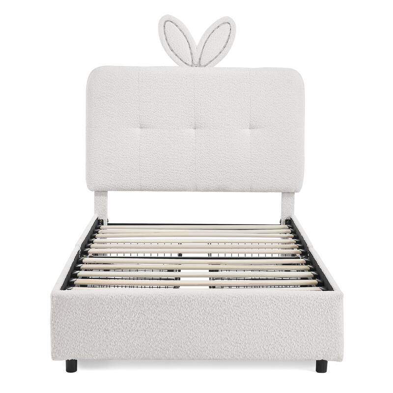 Kids Boucle Upholstered Bed with Rabbit Ear Headboard, LED Music Sync & 4 Drawers