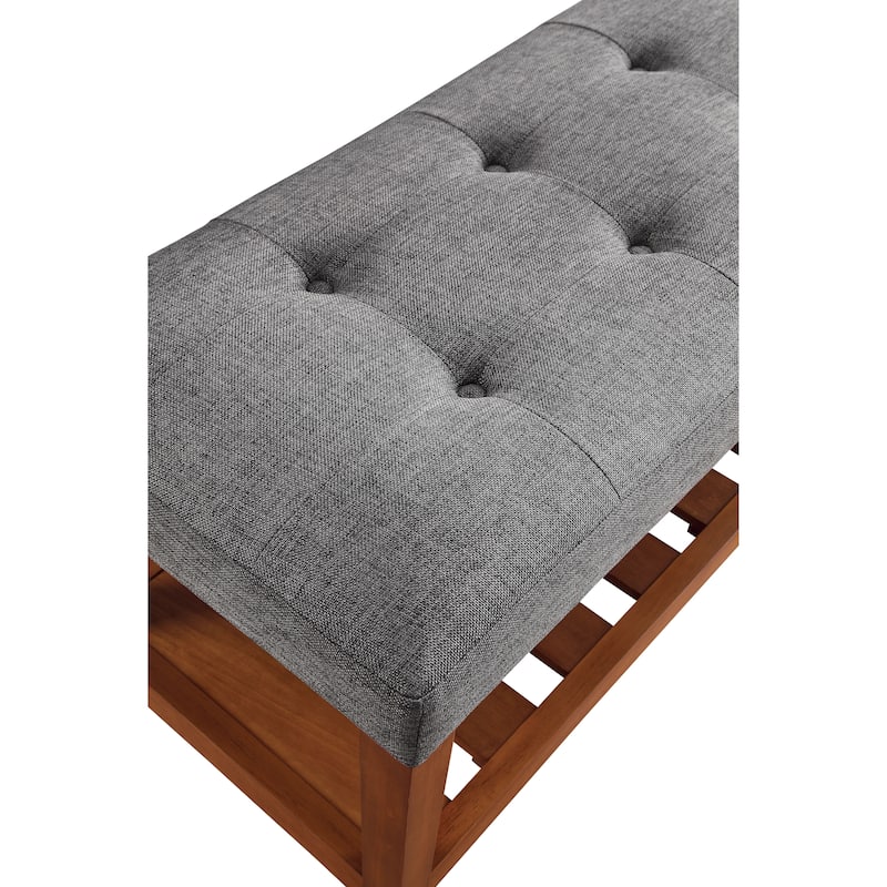 Gray Fabric and Oak Finish Bench