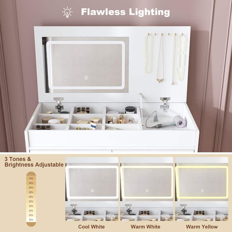 Flip Top Vanity Desk with Built-in LED Mirror, Outlet, 2 Drawers & Jewelry Hooks