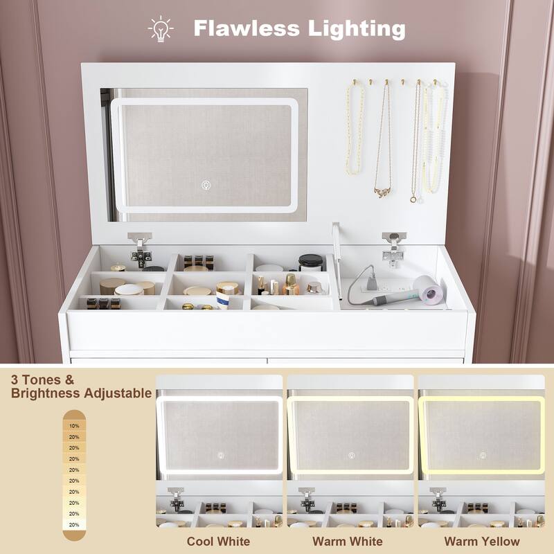 Flip Top Vanity Desk with LED Lighted Mirror and Power Outlet, Makeup Vanity Table with Drawers and Storage