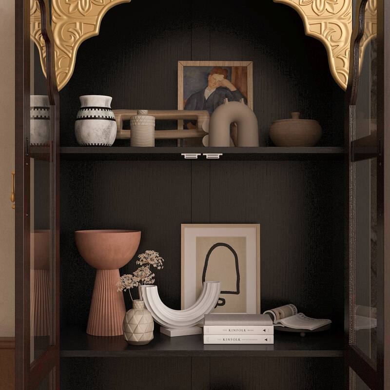 Oak Finish Fir Wood Wooden Curio Cabinet Display Storage Case Bathroom Cabinet Bookcase - 70.9"Hx31.5"W