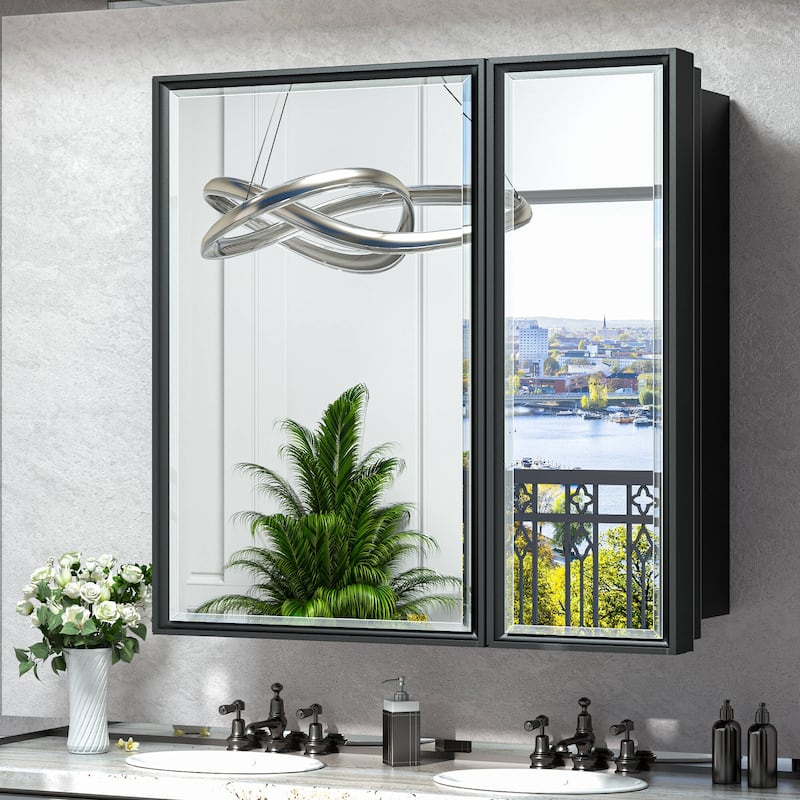TokeShimi Medicine Cabinets for Bathroom with Mirror, Beveled Framed - 32x30 - Black