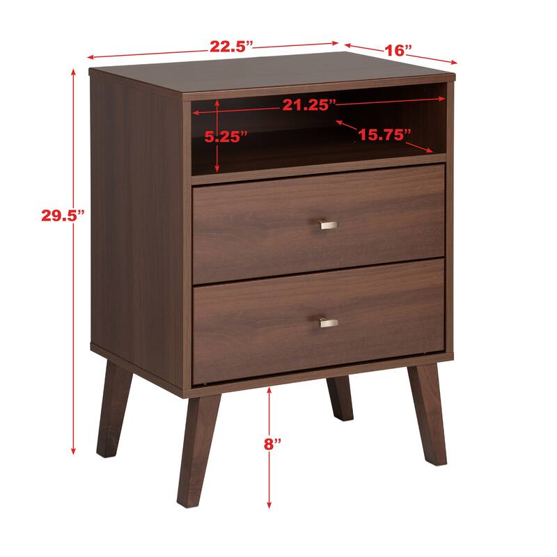 Prepac Milo Mid-Century Modern 2 Drawer Nightstand with Open Shelf, Bedside Table, Contemporary Bedroom Furniture