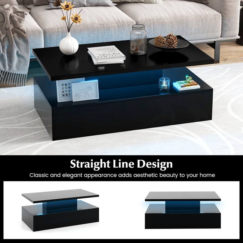 Gymax LED Coffee Table 2-Tier High Glossy with Adjustable Light &