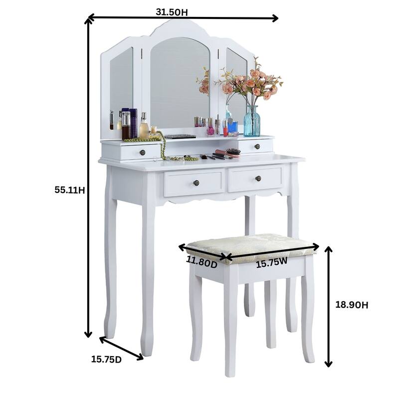 Wooden Vanity Table and Upholstered Stool Set, with 3-Panel Mirror and Ample Storage Drawers