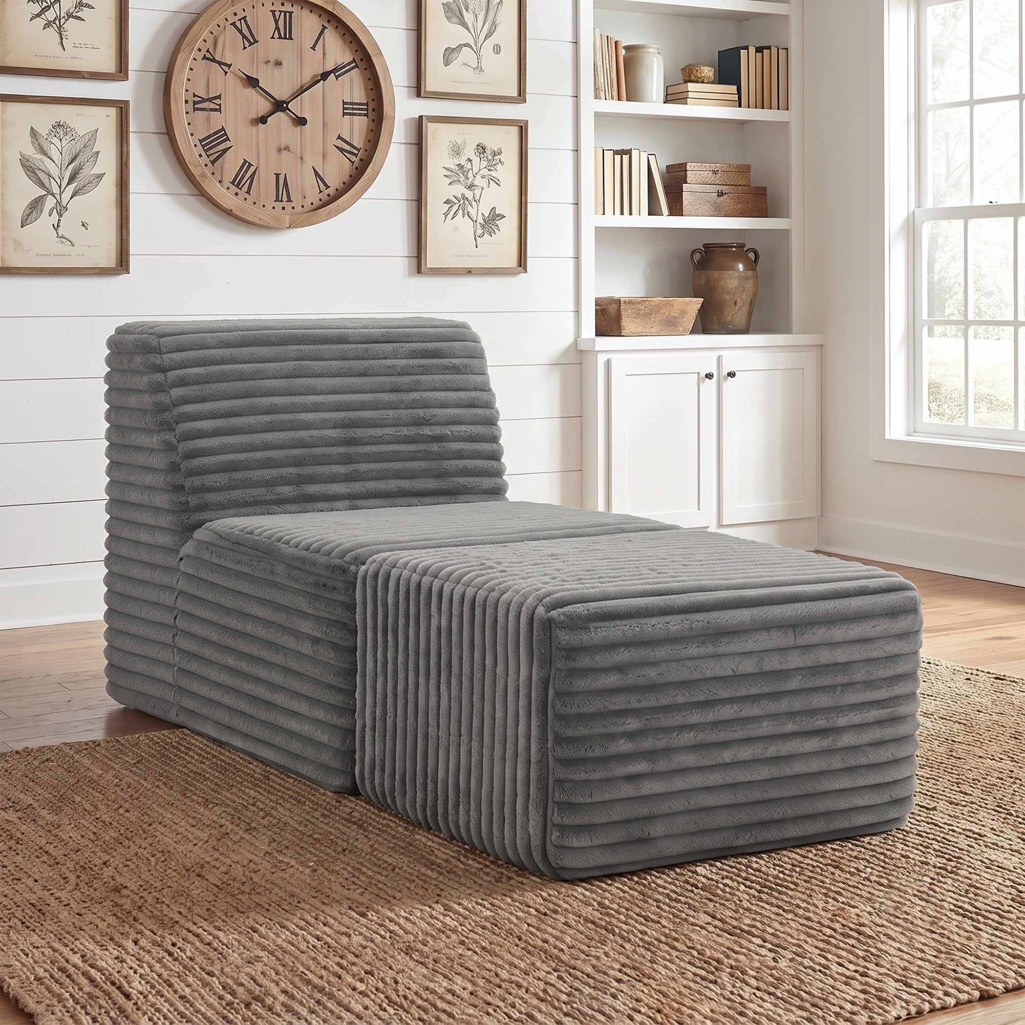 2-Piece Modern Modular Ribbed Flannel Armless Sofa with Ottoman