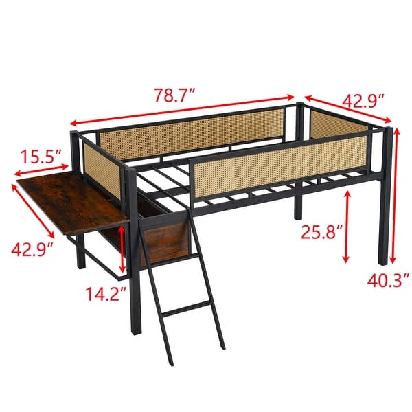 dimension image slide 1 of 2, Stylish & Simple Single Twin metal loft bed with rectangular desk, LED lights, storage shelves, safety guard and ladder, Brown
