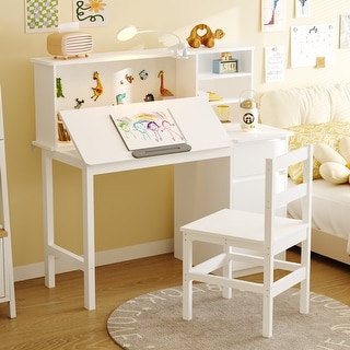 Solid Pine Wood Kids Study Desk with Storage Shelves & USB Clip Lamp, White Children Writing Desk for Bedroom or Playroom