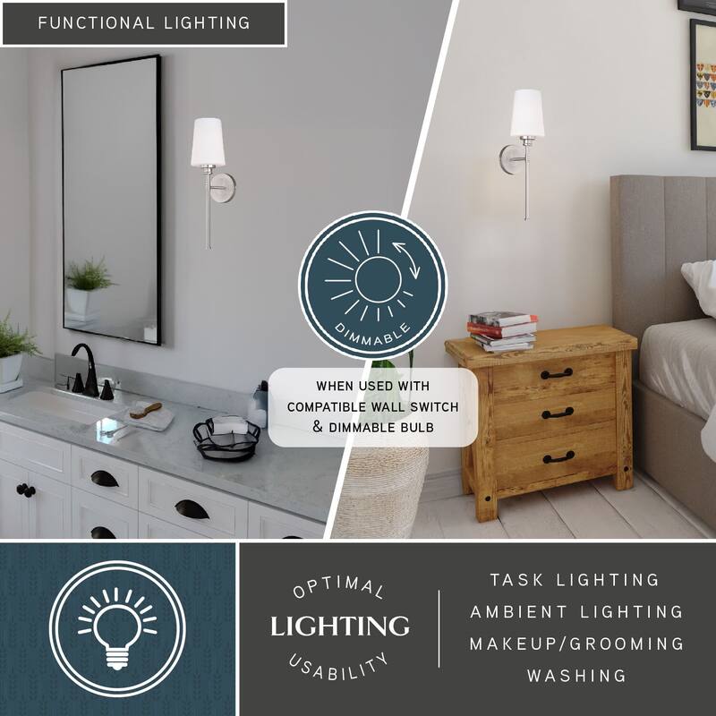 Bathroom Wall Sconce 1 Light Nickel Finish White Glass Shade Style - 19