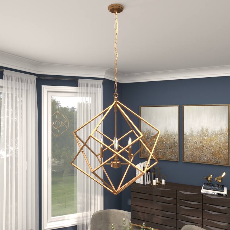 Metal Caged 4 Light Room Chandelier with Link Style Chain - Gold - Roche River Decor