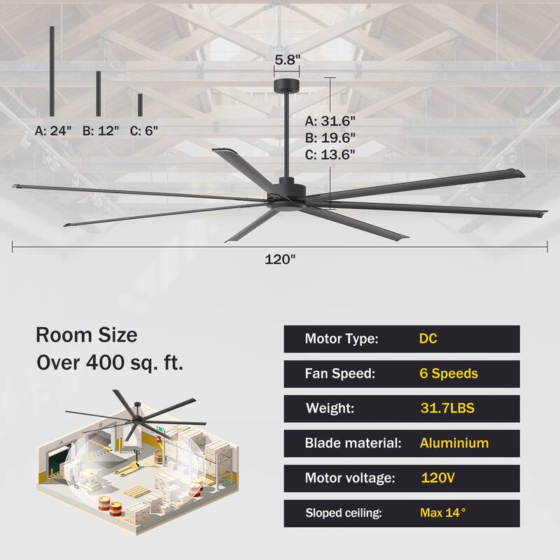 120" Indsutrial Extra Larger HVLS Commercial Ceiling Fan with Remote and Aluminum Blades