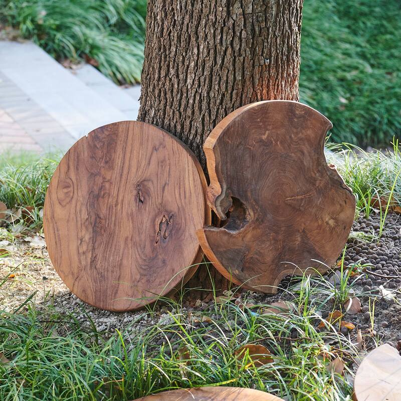 Greenage Round Teak Wood Slab Table Top - 15.74" x 15.74" x 2"