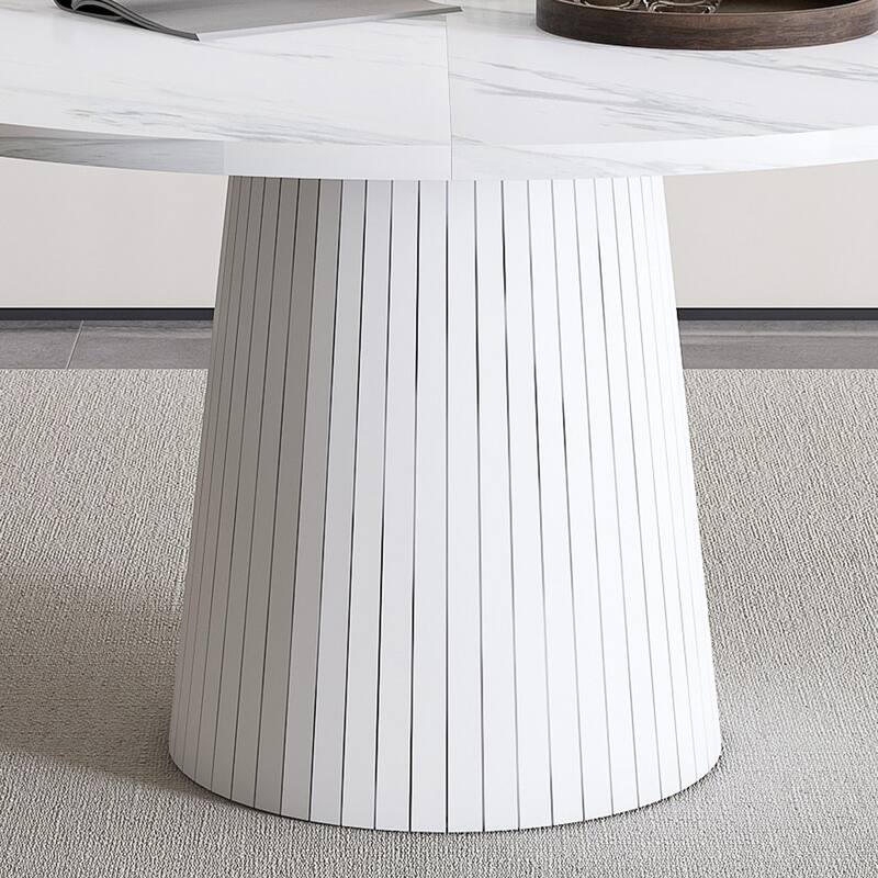 47 Inch Round MDF Dining Table for 4 - Modern Farmhouse Kitchen Table with Wood Strip Base