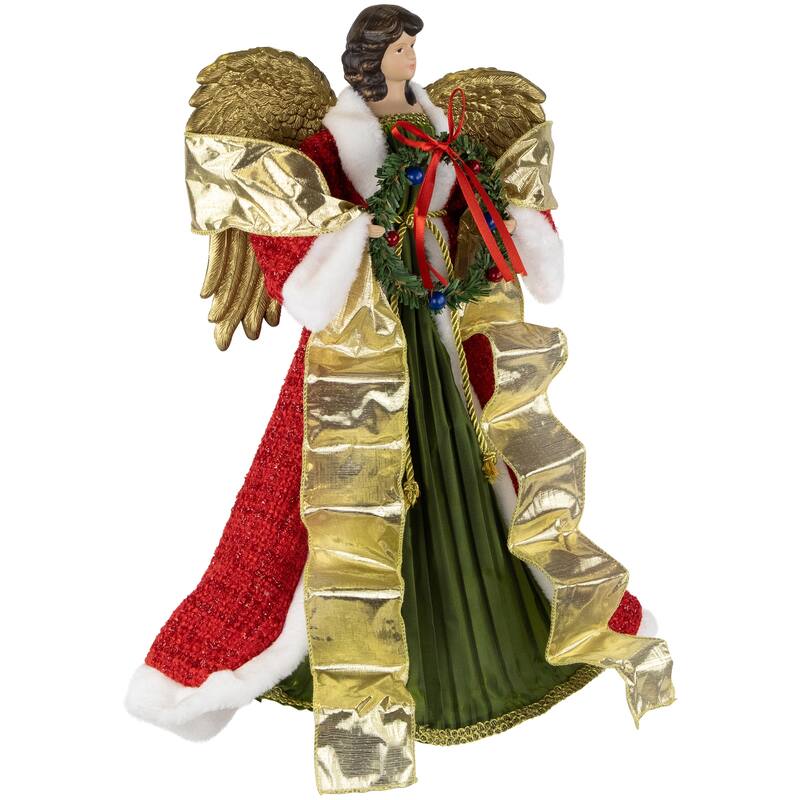 18" Red and Green Angel with Wreath Christmas Tree Topper, Unlit