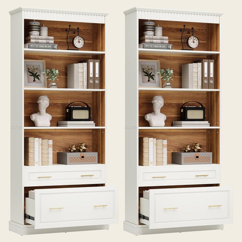 5-tier Modern Bookshelf Tall Bookcase with 2 Drawers (Set of 2) - 31.5" W x 11.8" D x 72.8" H