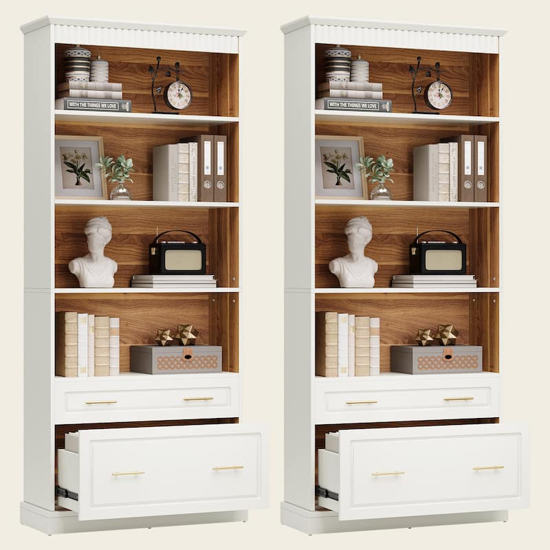 Tall 5-shelf Bookcase Bookshelf with Drawers (Set of 2)