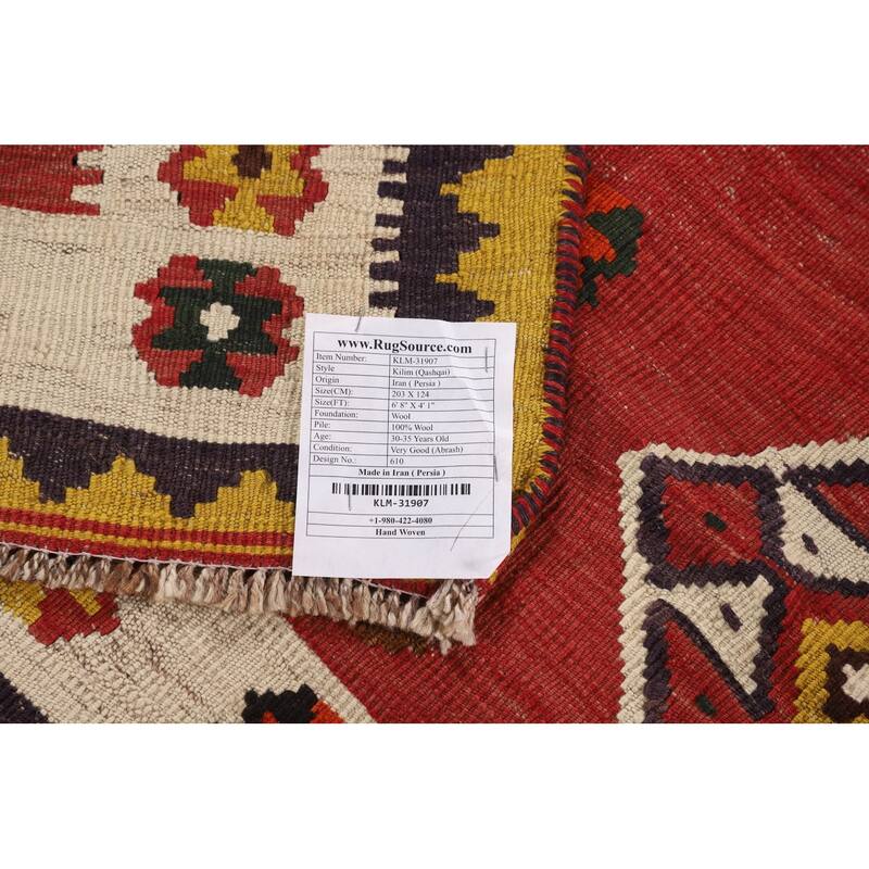 Kilim Qashqai Persian Vintage Rug Hand-Woven Geometric Red Wool Carpet - 4'1"x 6'8"